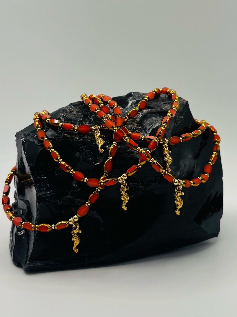 *Anklet* Gold Seahorse & Orange Crystal Stretchy Ankle Bracelet